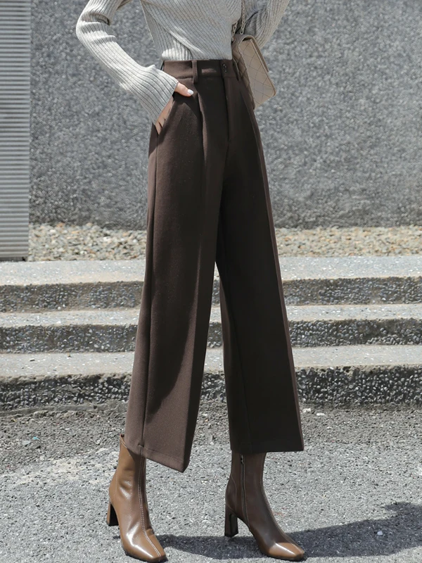 

Женские утепленные брюки-палаццо цвета хаки с высокой талией, осенне-зимние, прямые, шерстяные, повседневные, для офиса