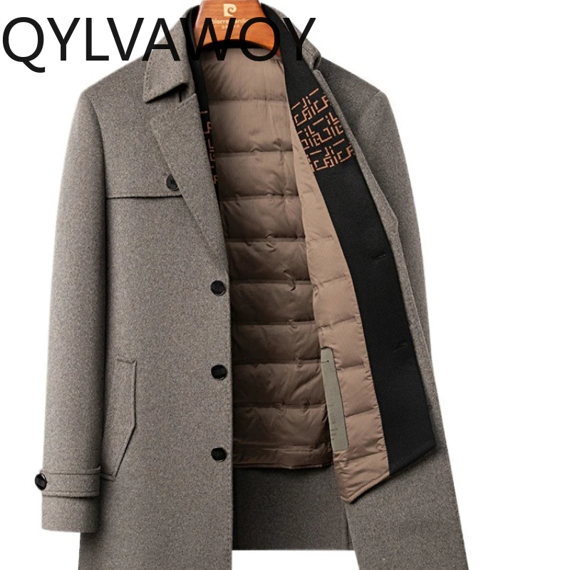 

QYLVAWOY зимнее мужское шерстяное пальто средней длины с пуховой подкладкой и шарфом с воротником, толстая теплая верхняя одежда, стильная высококачественная мужская одежда LJ2749