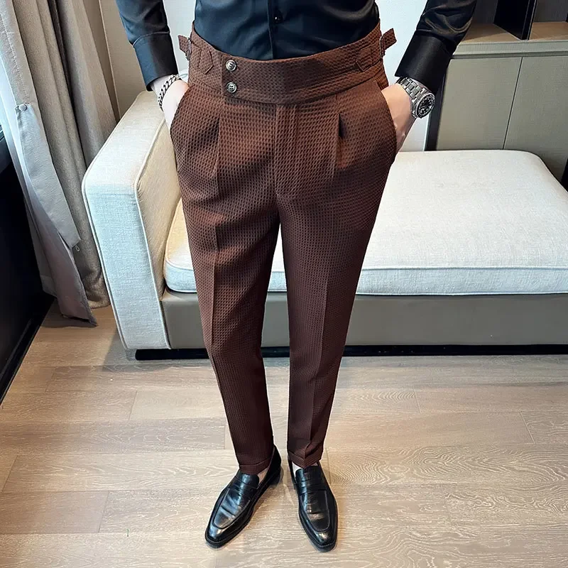 Autumn Winter Pantalones Hombre High waist Waffle Business Casual Suit Pants For Men Clothing Slim Fit Formal Wear Trousers 36