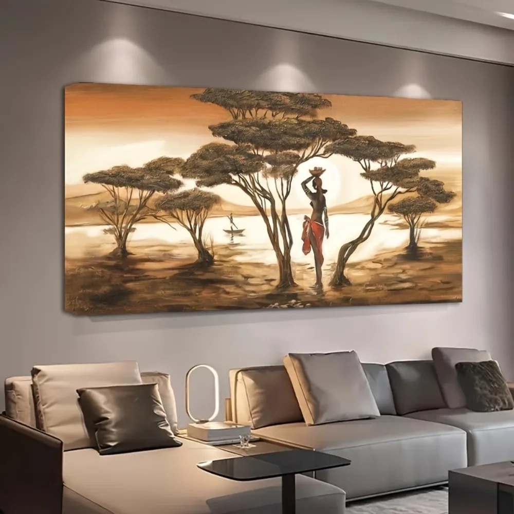 لوحة فنية جدارية تجريدية من القماش لغروب الشمس الأفريقي، ملصق زخرفي حديث، مناسب للداخلية، إطار من خشب الصنوبر الصلب بسمك 1.5 بوصة