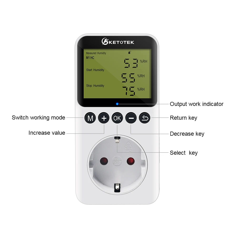 Ketotek KT3300 Humidity Controller Outlet 16A Direct Output Hygrometer Humidity Control Switch Humidity sensor 20~95%RH