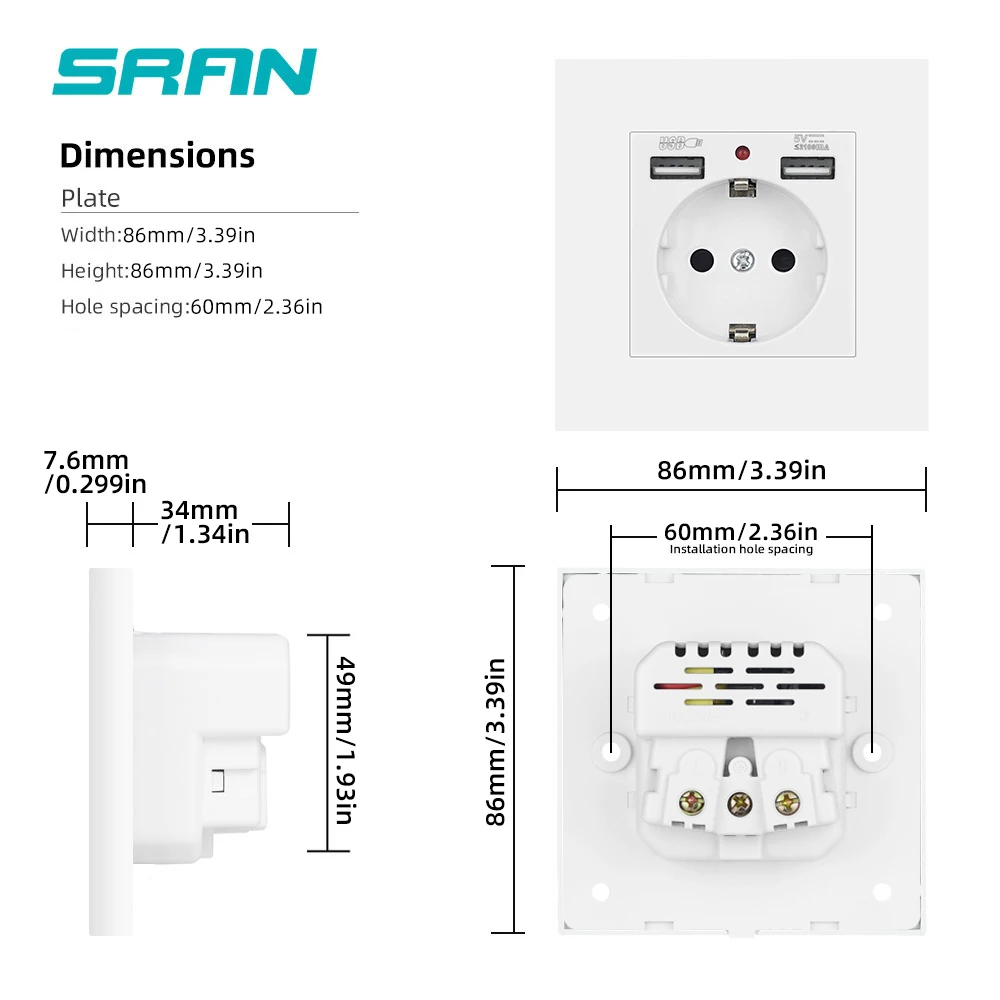 SRAN Gniazdo ścienne Usb 5V 2.1A, 16A 250V EU RU ES Gniazdo elektryczne 86*86mm Plastikowe gniazda panelowe z ładowaniem USB