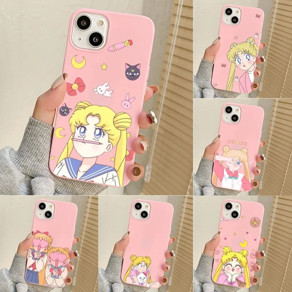 S-SailoR Cartoon Moon Phone Case For Iphone 11 13 14 Pro Max X Xr Xs Max Se2020 12mini Pink Cover Case