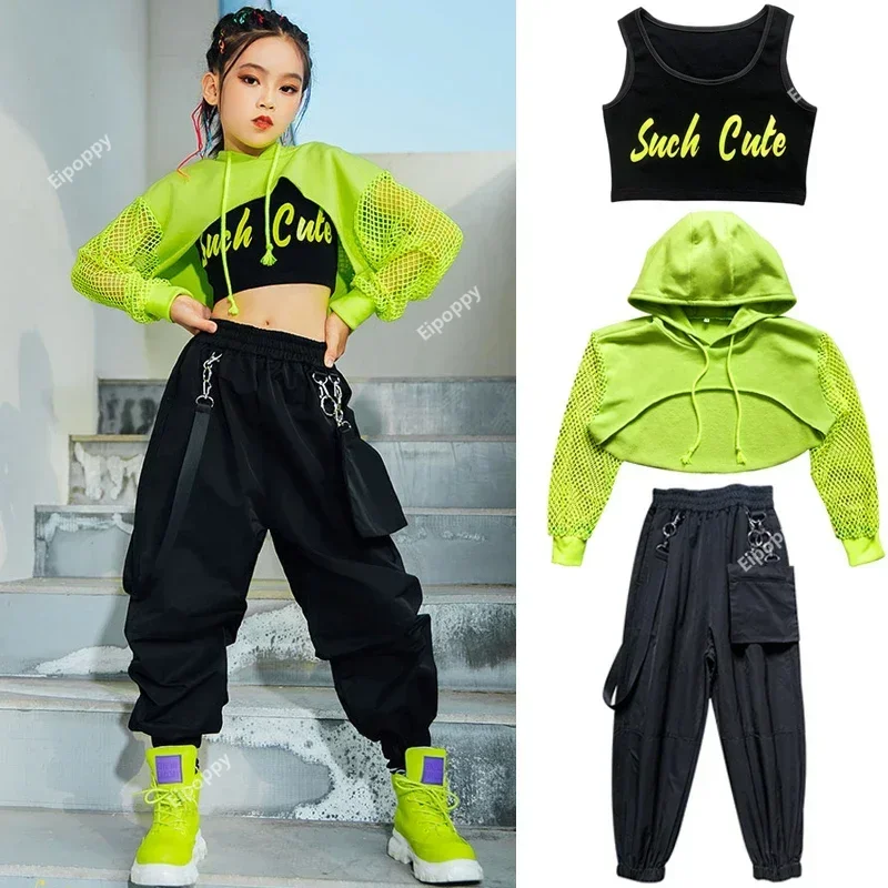 

Kids Hip-Hop Street Dance Clothes Girls Outfits Vest Tops Cargo Sweatpants Net Cover Up Modern Teens 6-16Years Girls Streetwear