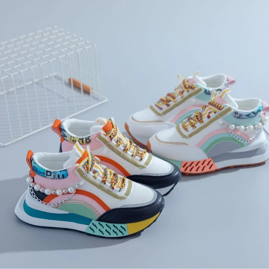 Trendy Pearl Platform Dad Shoes Niche Fashion Rainbow High Top Sneakers Popular Versatile Outdoor Sports Casual Walking Shoes view 3