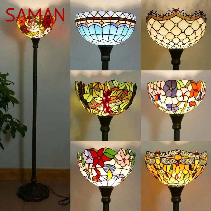 

SAMAN Tiffany Floor Lamp American Retro Living Room Bedroom Lamp Country Stained Glass Floor Lamp