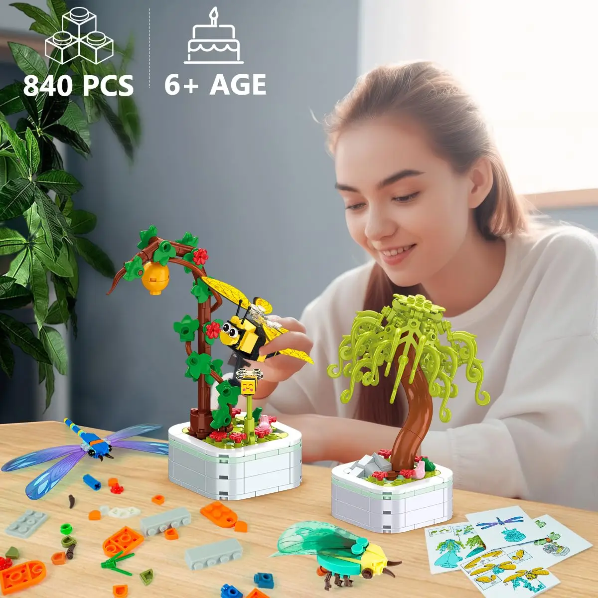 Conjunto de construcción de colección de flores de insectos, 4 estilos, 830 piezas, mariposa, Libélula, planta, modelo de exhibición, decoración del hogar, regalos para adultos y niñas