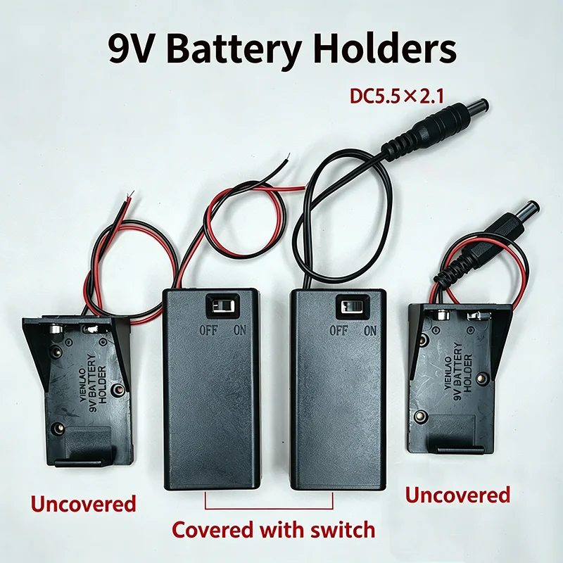 9V Battery Holder Case with ON/OFF Switch & DC 5.5x2.1mm Plug, Covered/Uncovered Types for DIY Electronics Projects