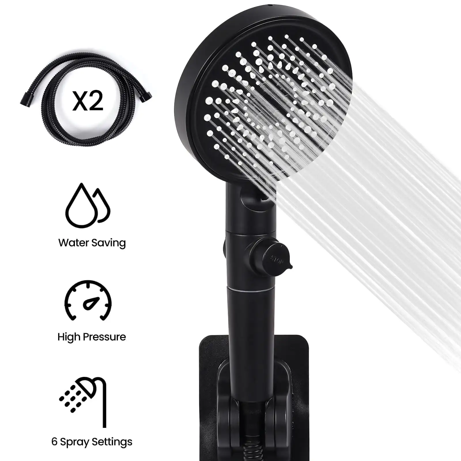 

Handheld Shower Head, High Pressure Shower Head with 6 Spray Settings, 59" Stainless Steel Hose and Adjustable