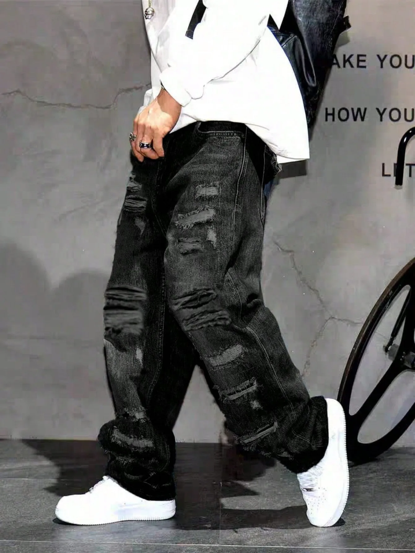 Herren American Retro Y2K Zerrissene Patch-Jeans, Lose Baggy Distressed Denim-Hosen, Hip-Hop Streetwear, Weite Freizeithosen für Männer – Detail 4