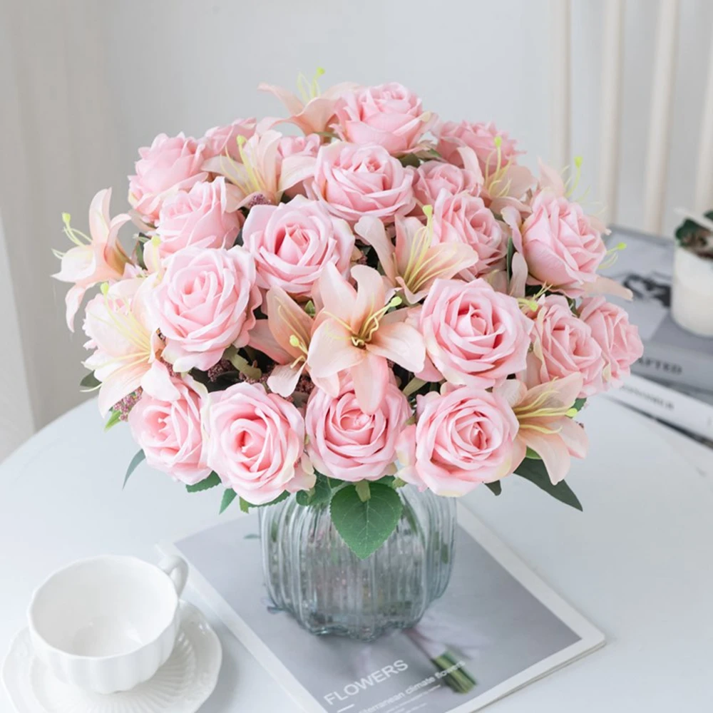 

High Quality Silk Rose Lily Bouquet Artificial Flowers For Christmas Home Decoration Wedding Decorative Floral Arrangement Craft