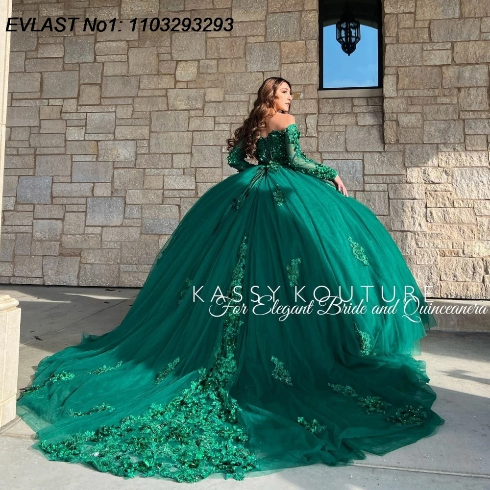 

EVLAST индивидуальное темно-зеленое платье Quinceanera, бальное платье с длинными рукавами и цветочной аппликацией, расшитое бисером, Sweet 16, Vestido De 15 Anos E1Q290