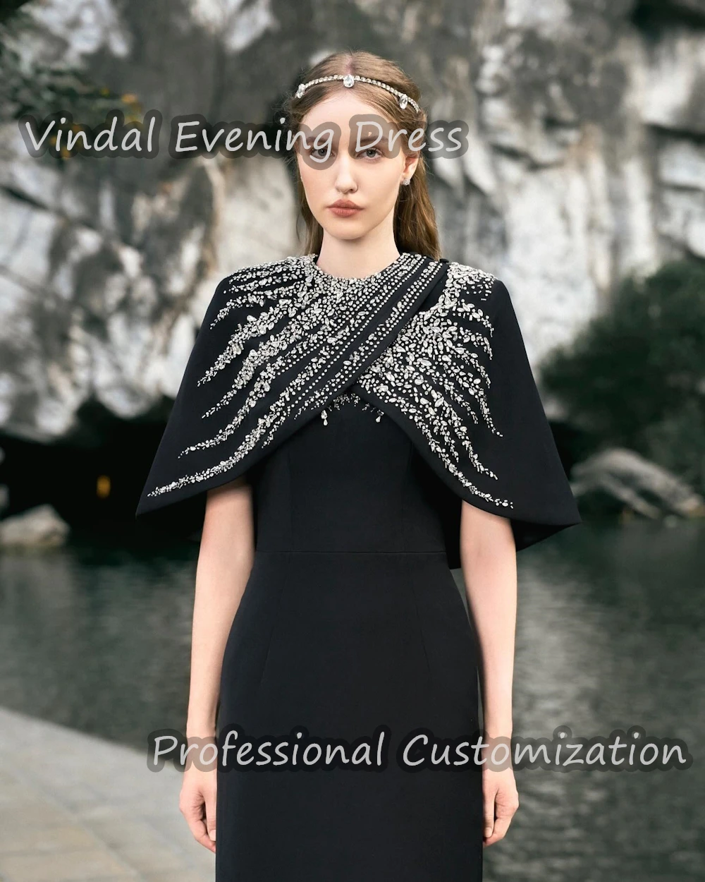 Vindal Prom Party Dress O-Neck Floor Length luxurious Beaded Crepe Straight Elegant Short Sleeves Saudi Arabia For Woman 2024