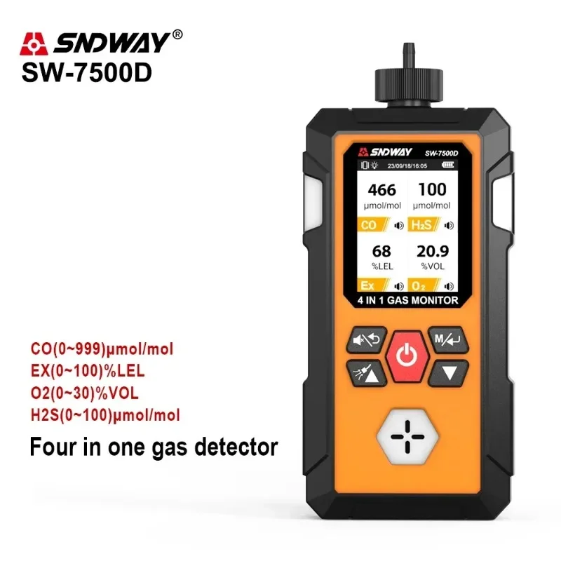 SW-7500D 4-in-1 Portable Gas Detector - Oxygen (O2) Combustible Gases Hydrogen Sulfide (H2S) Carbon Monoxide (CO) Monitor for Sa