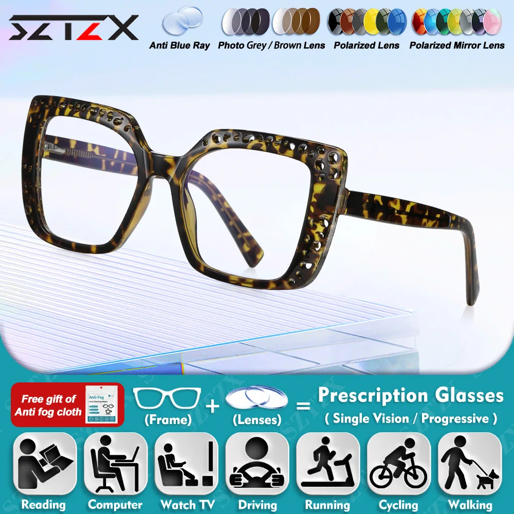 

SZTZX New Design Women Myopia Computer Office Glasses Women Hollow-Out Design Anti Blue Ray Progressive Prescription Eyeglasses