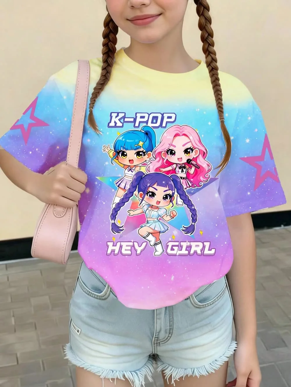 Kpop-Stil Kurzarm-T-Shirts für Mädchen, lustiges Geschenk für Kinder, Sommer-Kurzarm-Tops, lässige Outdoor-Mädchenkleidung mit Rundhalsausschnitt