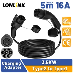 LONLINK 3.5KW Type2 to Type1 EV Charging Cable 32A/16A 1 Phase 5Meter Electric Vehicle for Car Charger Station Charger Cable