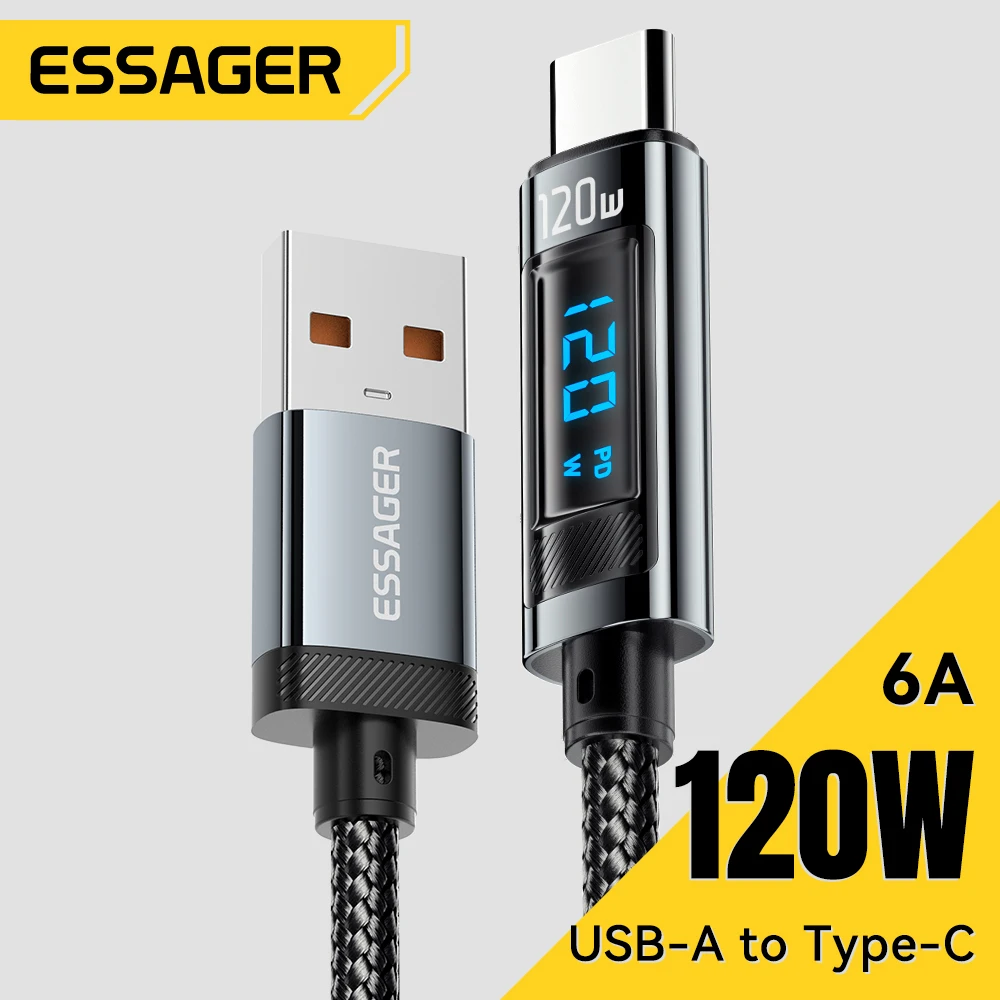 Essager USB Type C Cable 6A 120W For Xiaomi 14pro Led Display Fast Charging Charger USB C Cable Data Cord For Realme Black Shark