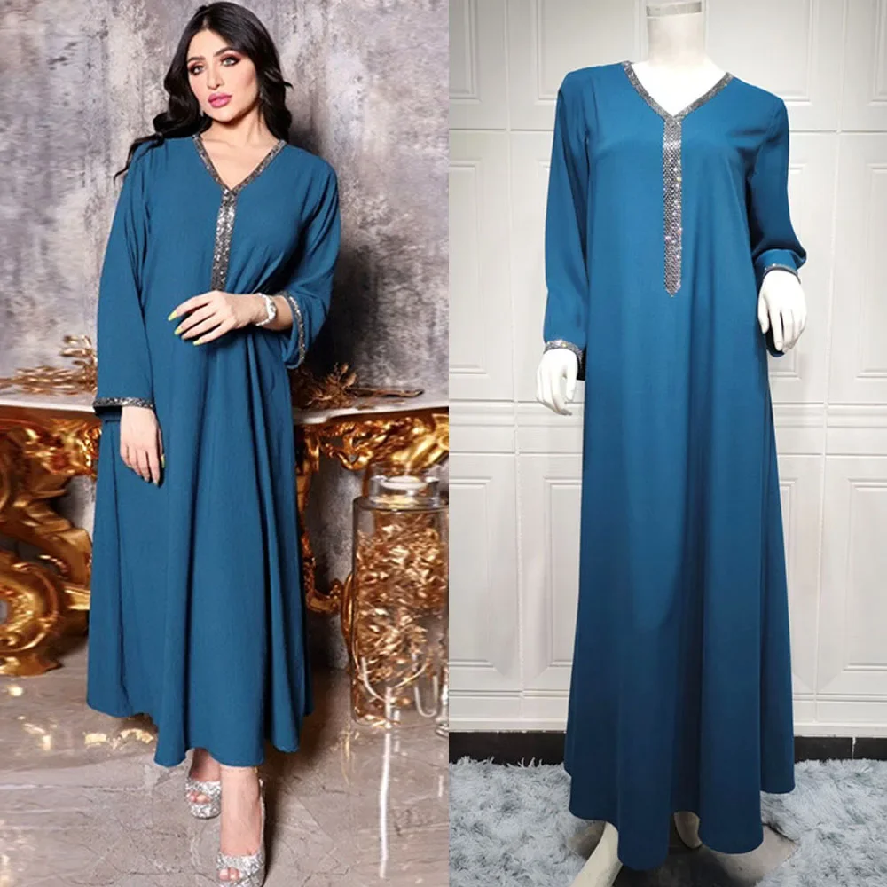 Middle East Dubai Kaftan Casual Long Dress Muslim Women V-neck Luxury Rhinestone Solid Color Robe Eid Ramadan Arab Abaya Party