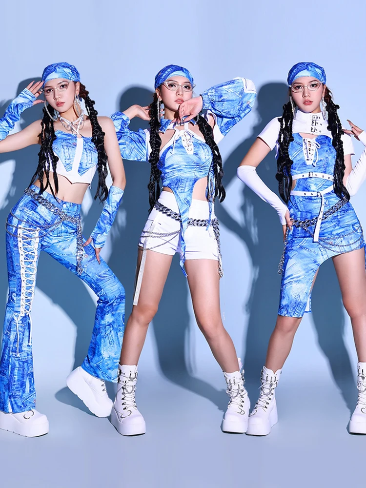 New Hip Hop Dance Costumes For Women Group Jazz Dance Blue Dancing Suit K-POP Song Playing Performance Show Dance Clothes XH1820