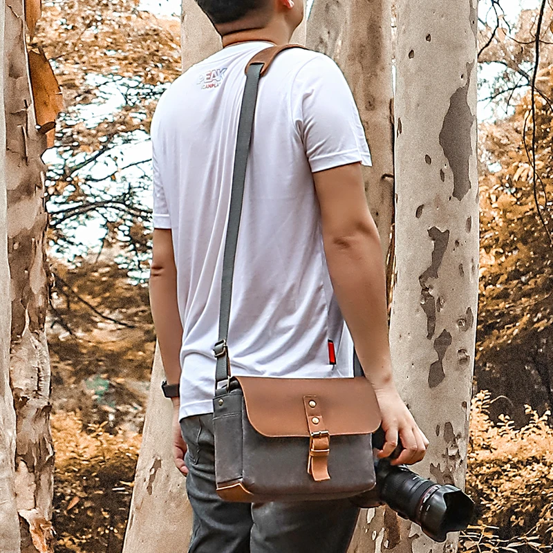 KOOGER Camera Messenger Bag Waterproof Vintage Leather Waxed Canvas Small Shoulder Bag for Mirrorless Camera and Lenses