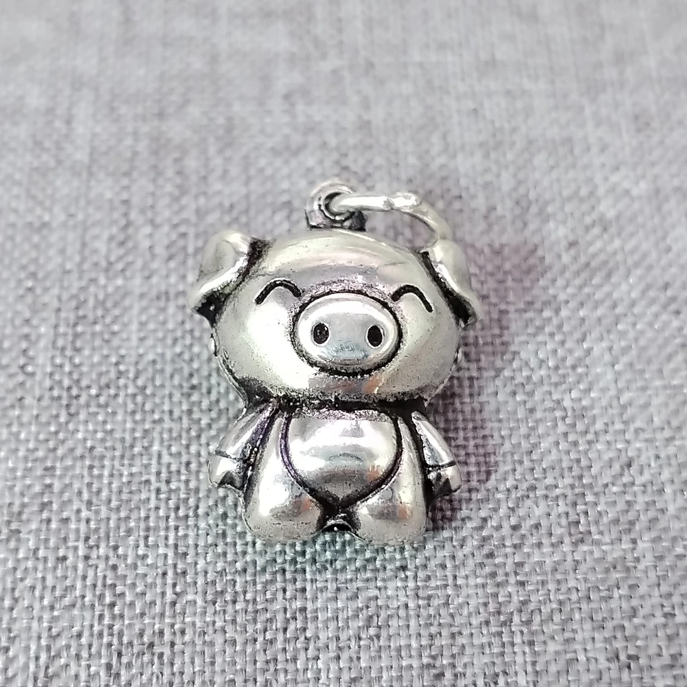 

925 Sterling Silver Cartoon Style Pig Charm Hollow Pendant 2-Sided 3D for Bracelet Necklace
