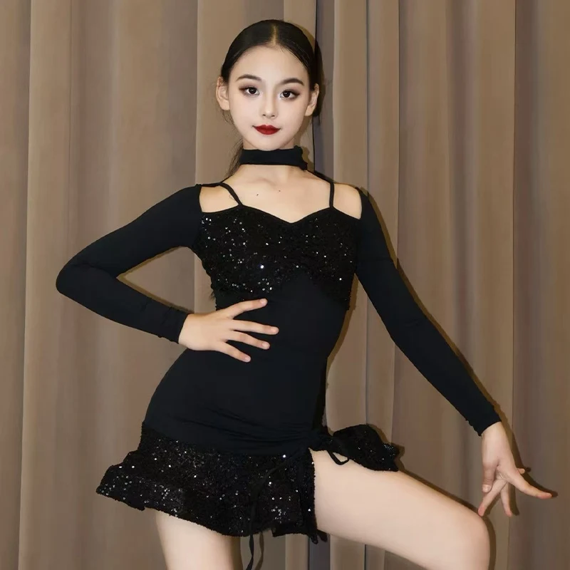 女の子ラテンダンスドレススパンコールブラックピンクパフォーマンス衣装長袖ドレススーツ子供ラテン競技ドレス