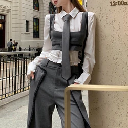 Spring 2024 New Korean Polo Collar Casual Shirt Women + Contrast Color Patchwork Wide Leg Pants + Vest + Tie Four-piece Suit