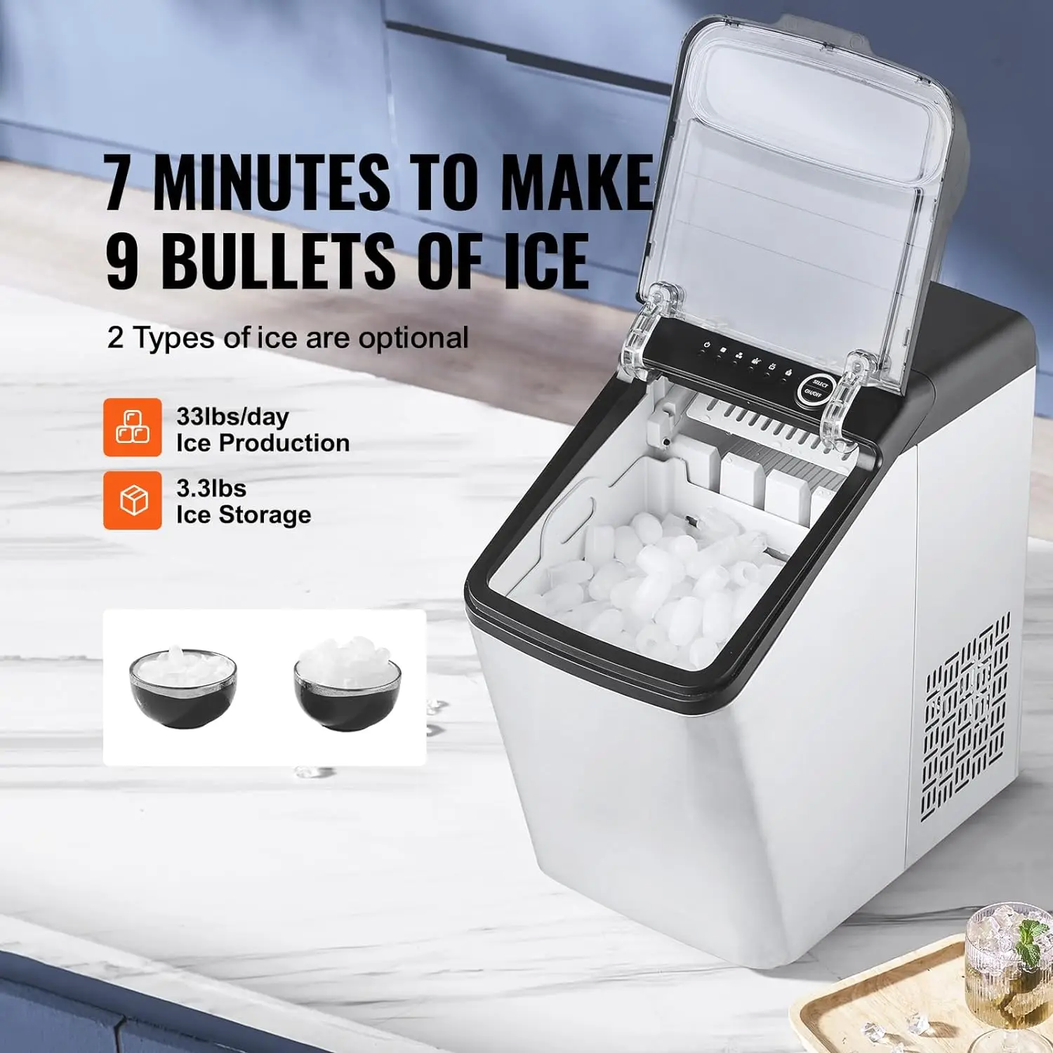 Self-Cleaning Bullet Ice Maker, Colher e Cesta para Casa, Cozinha, Escritório, PartyIce Machine, 33lbs em 24Hrs, 2 Tamanhos