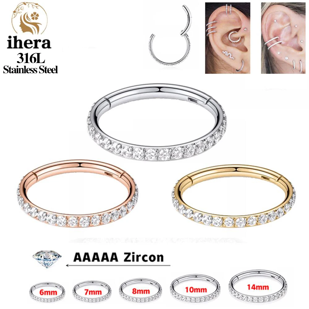 316L Stainless Steel Zircon CZ Hinged Segment Nose Septum Clicker Ring Round Earrings Hoops Ear Tragus Helix Piercing Jewelry