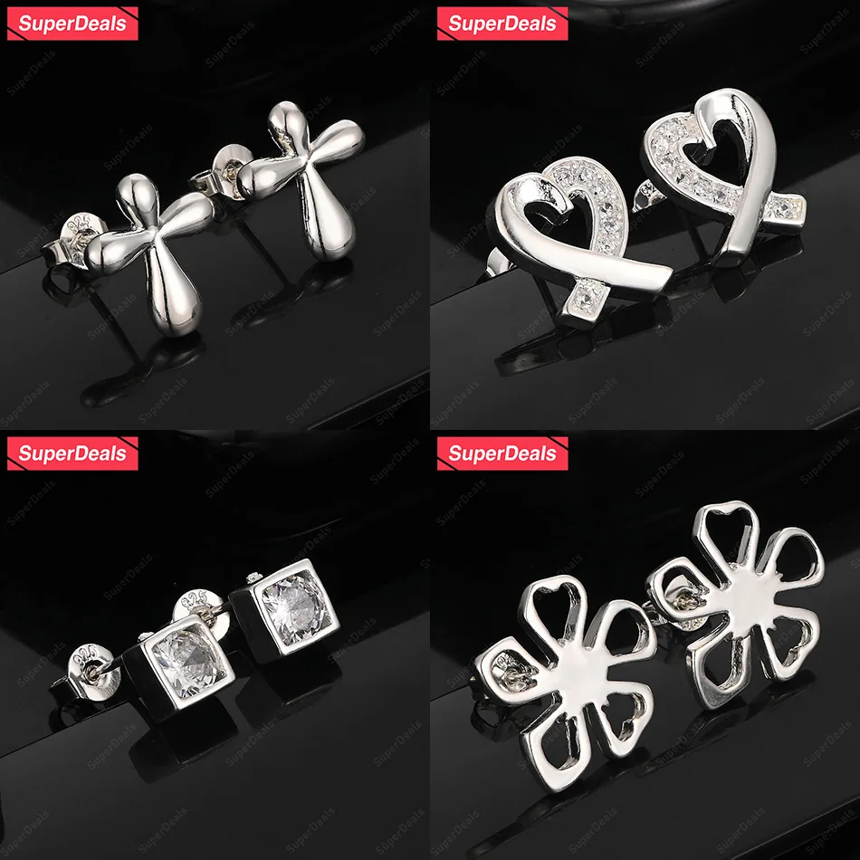 

SuperDeals 925 Sterling Silver Heart Flower Cross Square Zircon Stud Earring For Women Valentine's Day Party Gift Pretty Jewelry