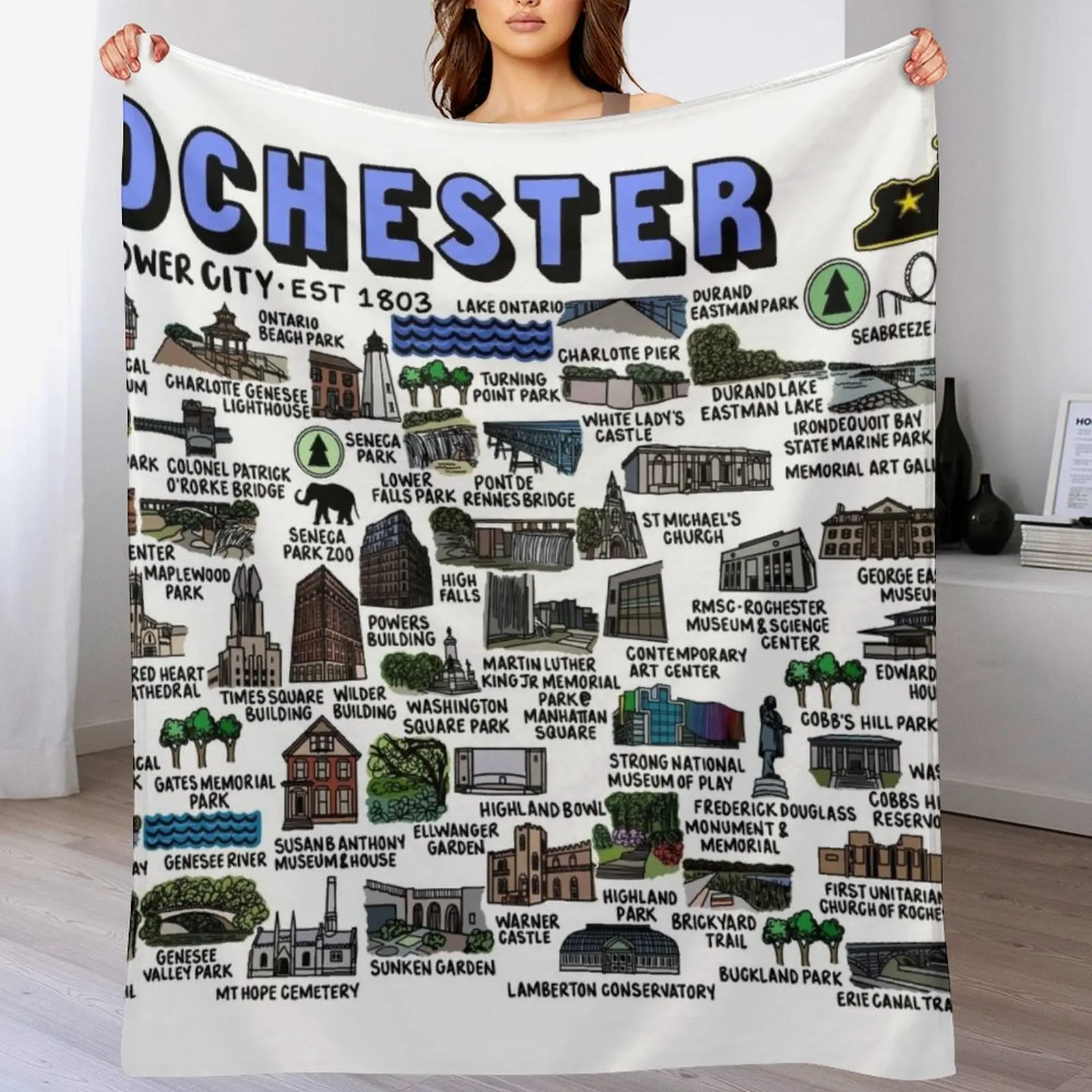 

Rochester New York Map Art Throw Blanket Spring Fall Cozy Throw Blanket for Couch