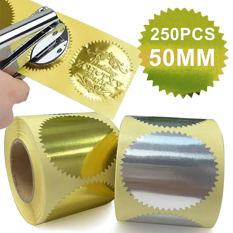 Gold Silver Embosser Stickers 50mm 250pcs Certificate Gear Sticker for Metal Embossing Stamp Self Adhered Label Scrapbooking