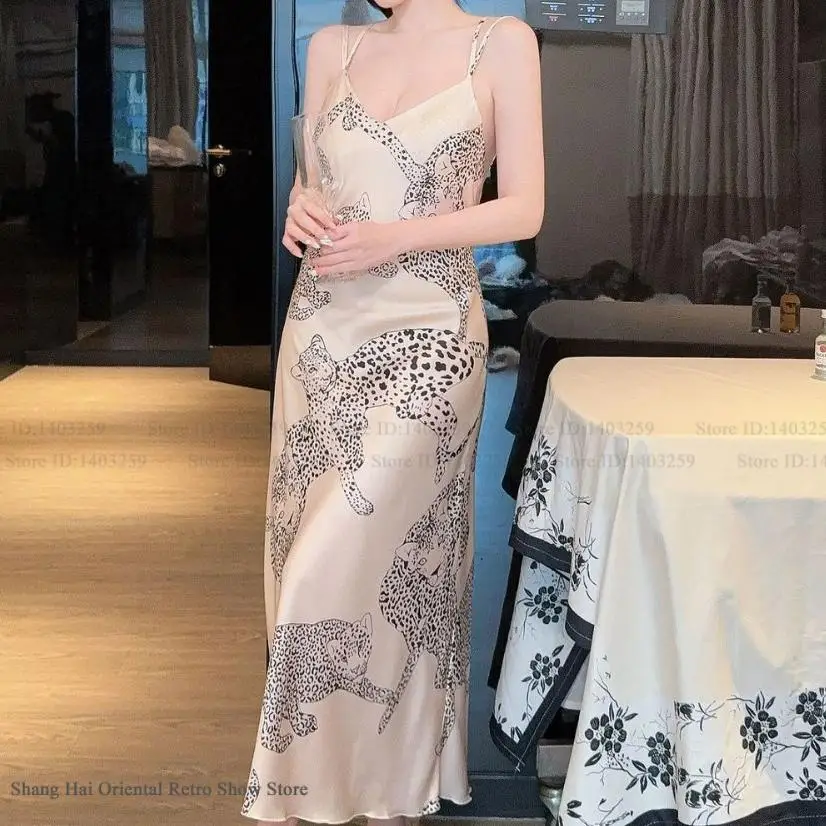 Sexy Leopard Print Long 2PCS Robe Nightgown Set Elegant Ice Silk Chemise Sleepwear Nightdress Lingerie Loose Homewear Loungewear