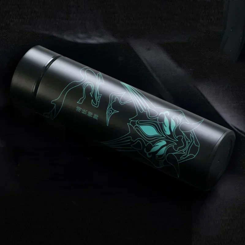 Genshin قارورة مفرغة زجاجات مياه LED عرض درجة الحرارة أكواب القهوة الفولاذ المقاوم للصدأ لعبة Zhongli Xiao أنيمي الترمس الكؤوس