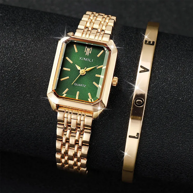

1/2 шт., модные женские часы, набор браслетов, роскошный стальной ремешок, женские кварцевые часы, золотой браслет, часы для девочек, подарок, Reloj Mujer