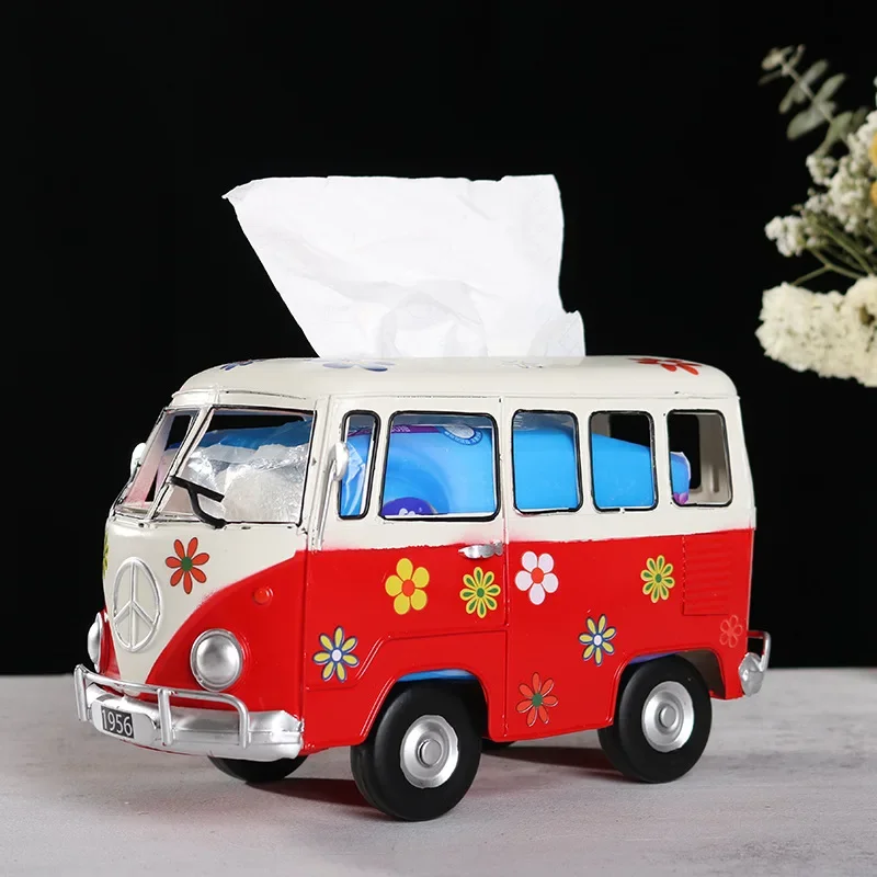 Flower Retro Iron Bus Tissue Box Model Figurines Car Craft Home Decoration Accessories for Living Room Ornaments for Home Decor