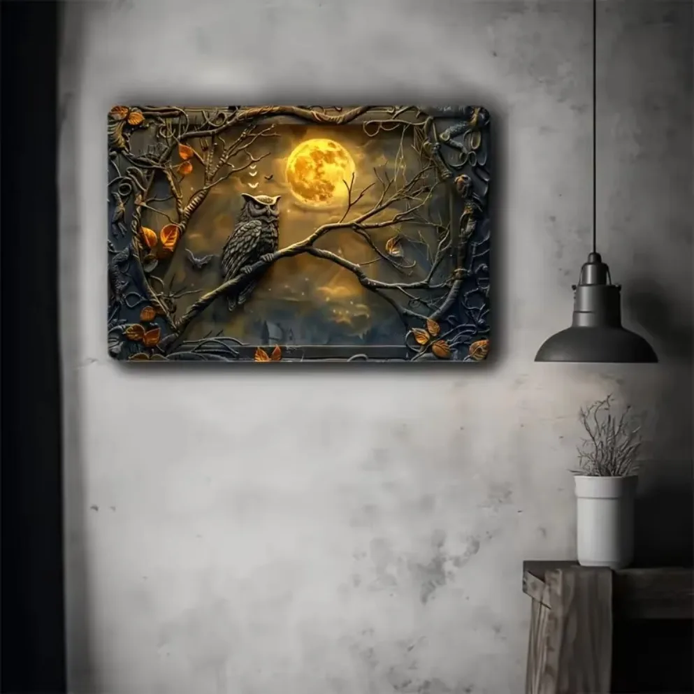 Moonlit Owl Vintage Metal Signage – Rustic Wall Decoration for Home, Bar, Garage, Farm, Garden & Hall – Perfect for Any Space