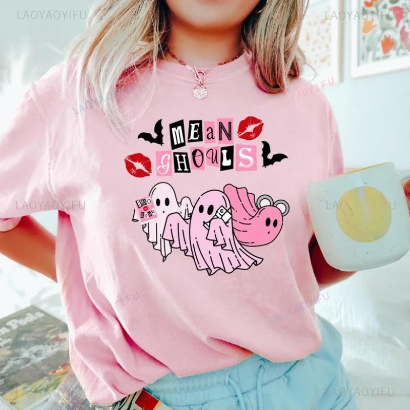 Mean Cute Ghost Halloween Woman Pink Ghosts Graphic T Shirt Retro All Saints' Day Party High Quality Cotton Shirt Trick or Treat