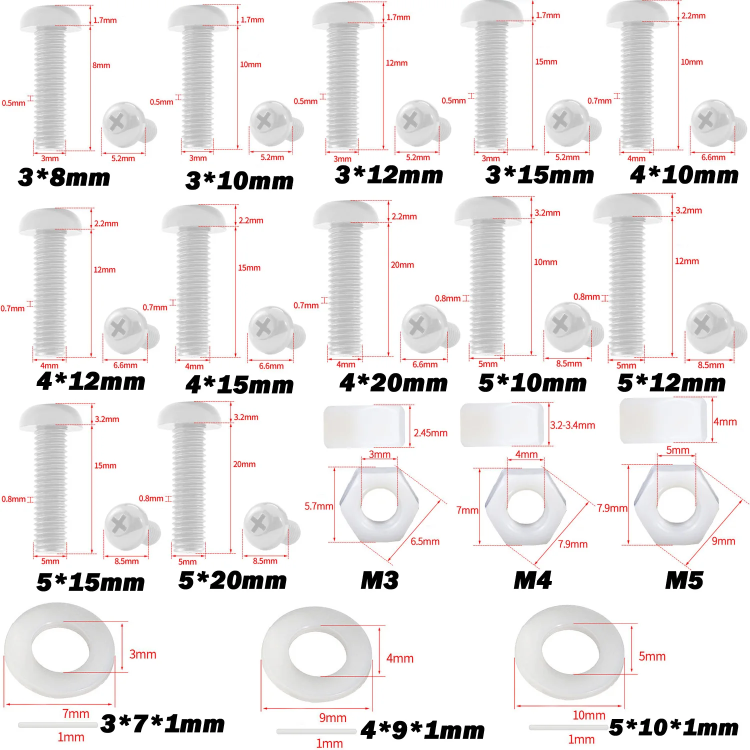 White Nylon Screw Nut Washer Assortment Kit M3 M4 M5 Plastic Phillips Insulated Pan Head Cross Round Machine Screws Bolt Set Box