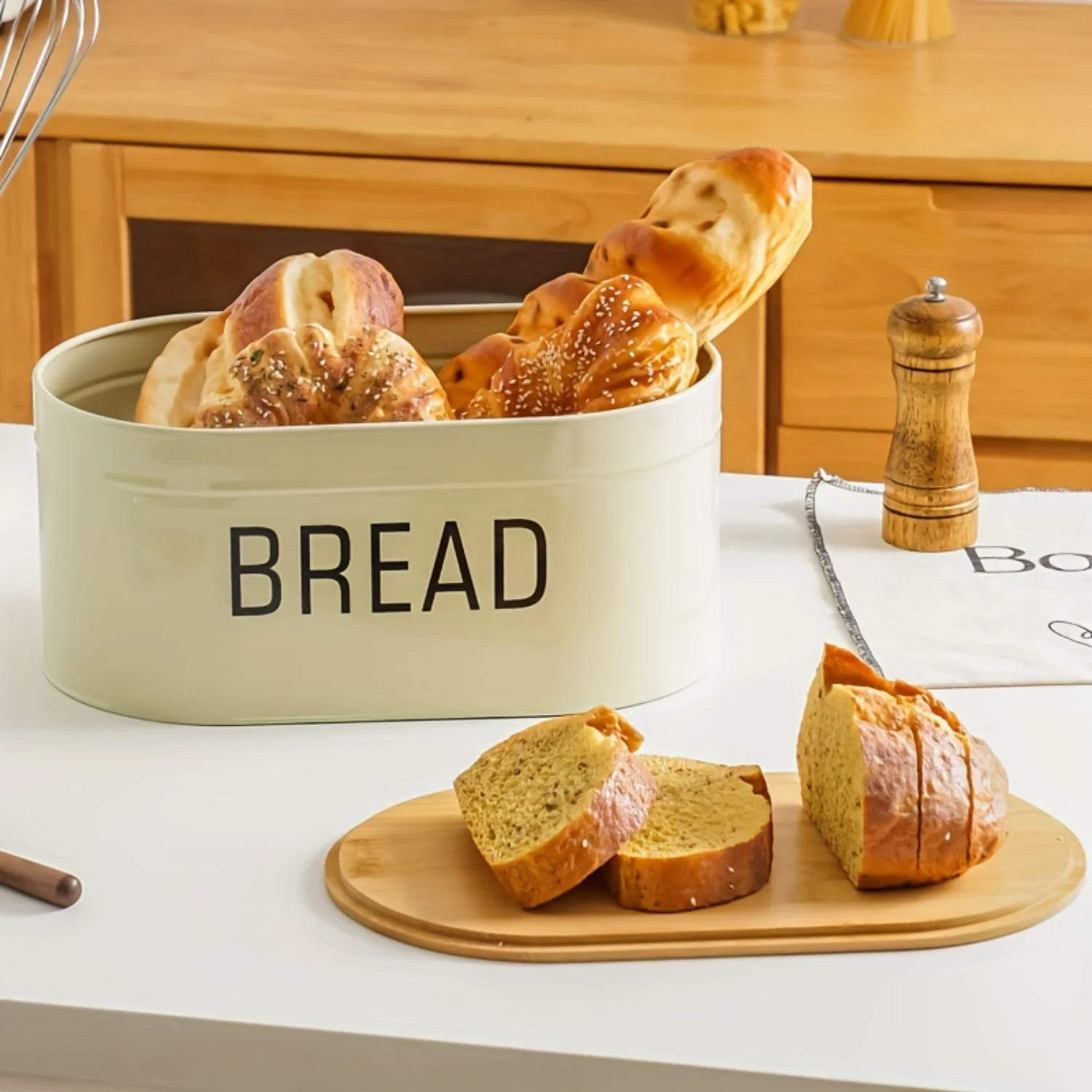 

Metal Bread Box - Reusable Container with Bamboo Cover