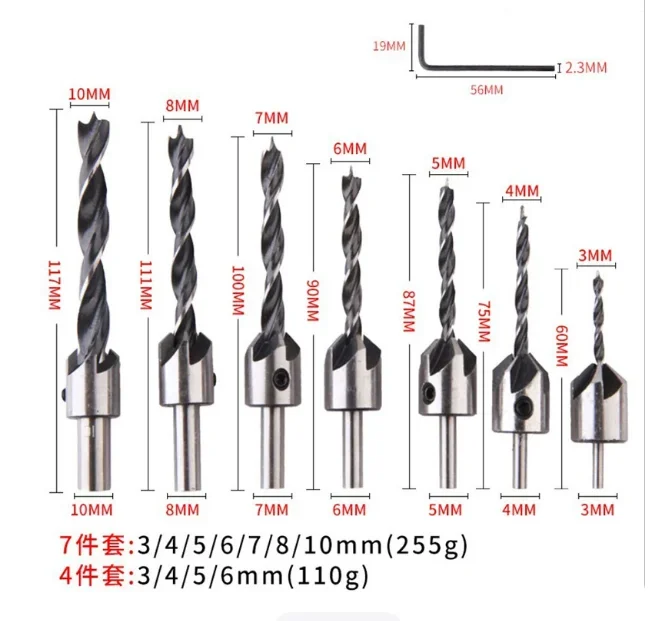 NEW Set 3-10mm Counter Sink Bit for Wood Woodworking Carpentry Reamer With Hex Key Wrench High Speed Steel Countersink Drill Bit