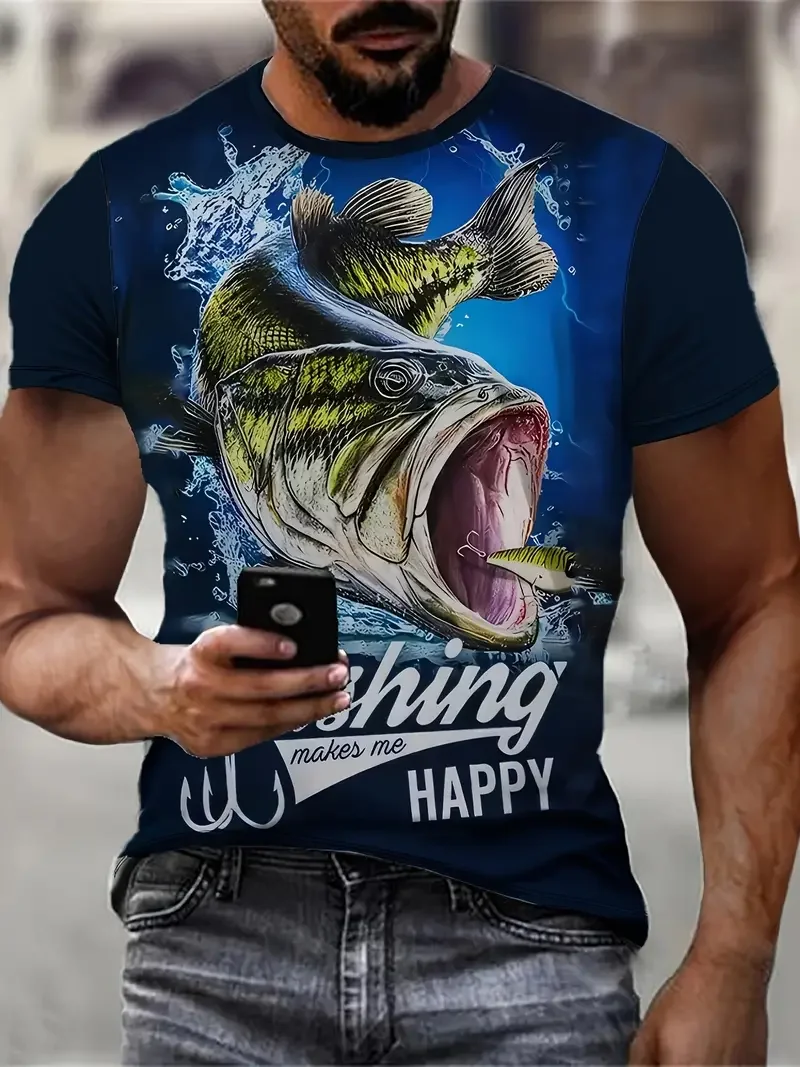 Men's 3D bass printed casual fishing T-shirt geometric pattern polyester fabric slim round neck outdoor sports short sleeved top