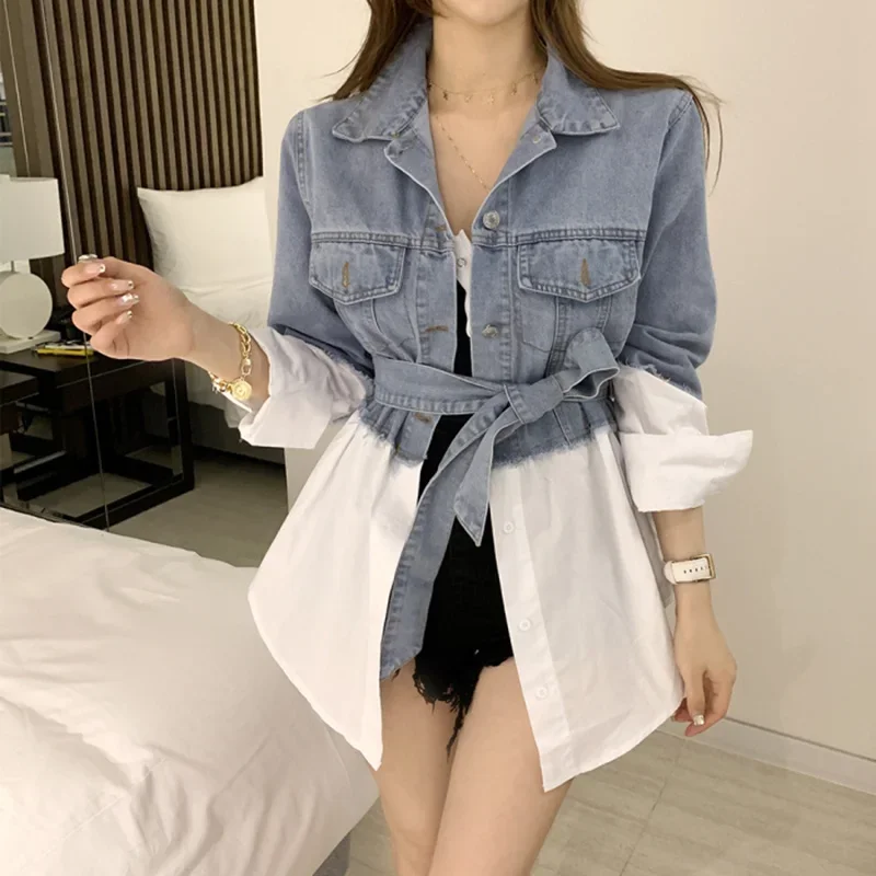 Button Up Patchwork Long Denim Tops Women 2024 Spring Summer Autumn New Fashion OL Casual Jeans Shirts Female Cheap Wholesale