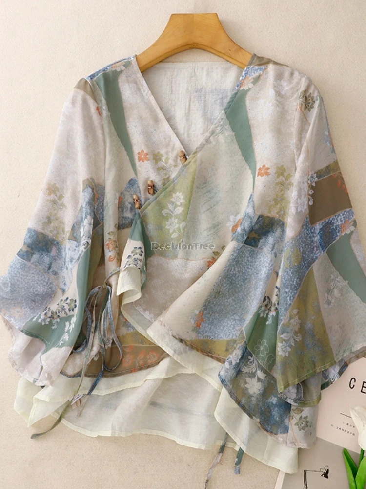 

2025 new chinese style top for women summer ethnic style zen double-layer gauze cotton linen short-sleeve tang suit blouse t001