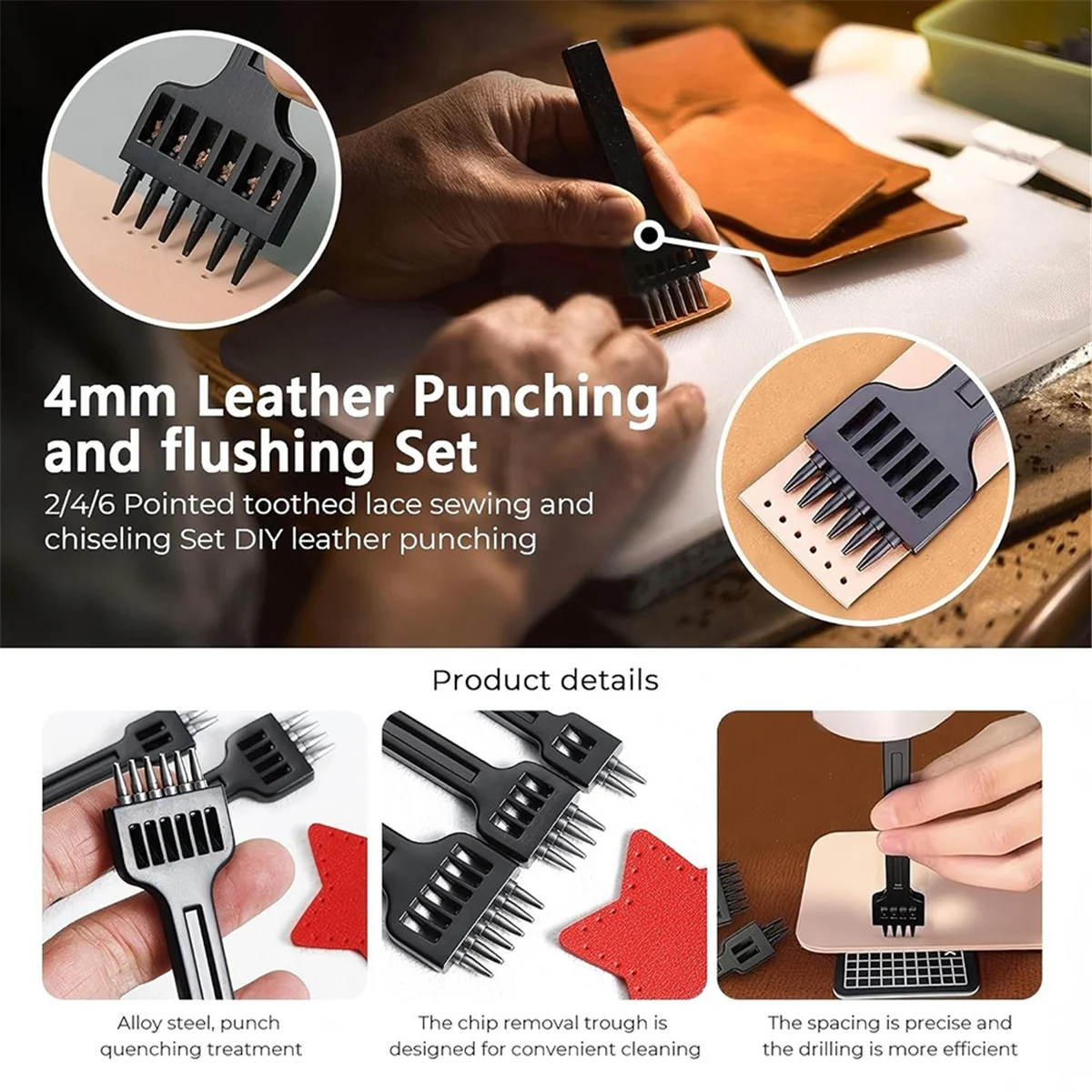 ABJY 3 قطع خياطة جلدية 4 مم، 2/4/6 شق برباط ثقب لكمة إزميل خياطة جلدية #2