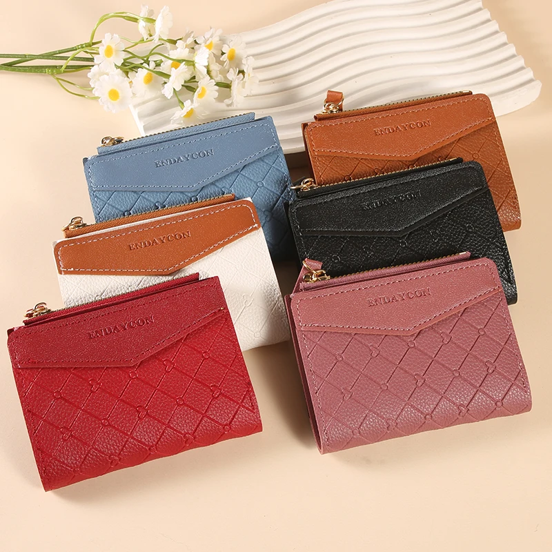 Women Short Bifold Wallet Rhombus Embossed PVC Card Purse Zipper Coin Pocket Slim Mini Purse For Girls Students