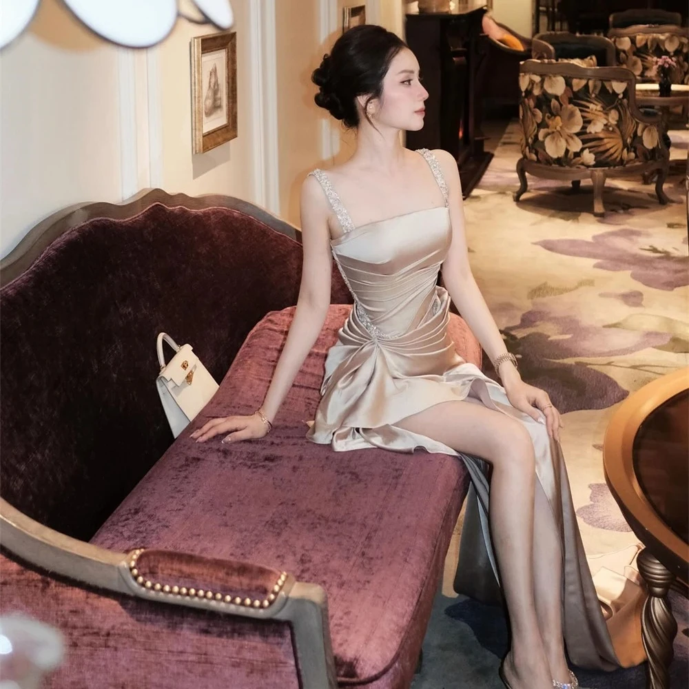 Customized Exquisite Satin Evening Dress Delicate Square Collar Spaghetti Straps Sleeveless Party Dress Fashion Celebrity Gowns