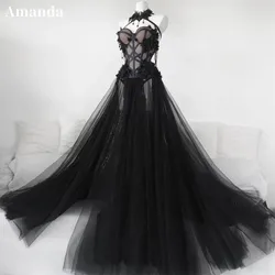 Amanda Luxury Black vestidos de noche Halter Neck Tulle Prom Dresses Elegant Sleeveless Floor-Length Side Split Formal Evening