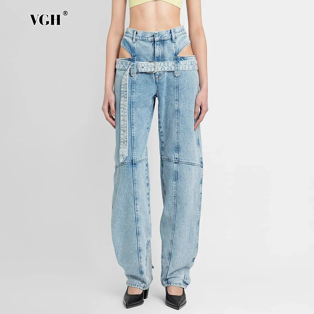 

VGH Patchwork Belt Loose Denim Pants For Women High Waist Spliced Button Hollow Out Streetwear Wide Leg Jeans Female